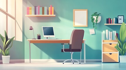 Modern Home Office Interior with Desk  Computer  and Plants