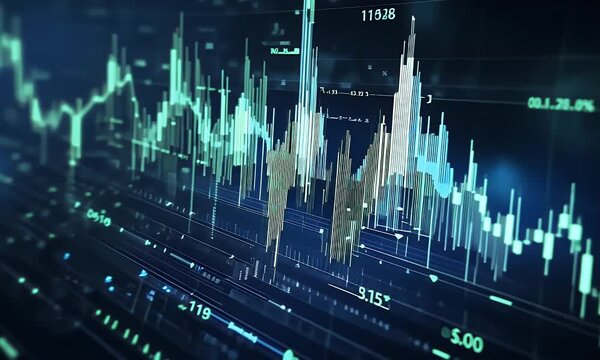 Digital background featuring a stock market graph with blue and green lines on a dark backdrop, representing financial growth or business data.
