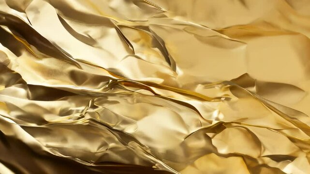 Close-up of crinkled gold foil with a shiny, reflective surface, creating a textured and luxurious background.