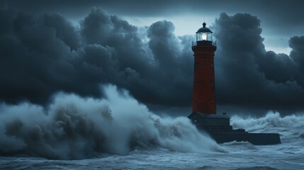 A lighthouse amidst crashing waves and dark clouds, serving as a beacon of safety and guidance for sailors in challenging times.
