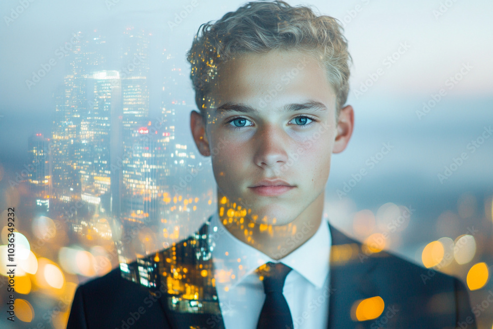 Canvas Prints A young man in a suit and tie stands in front of a city skyline