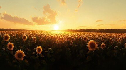 A lively impressionist rendering of a sunflower field illuminated by the setting sun, creating a harmonious balance of color and light.