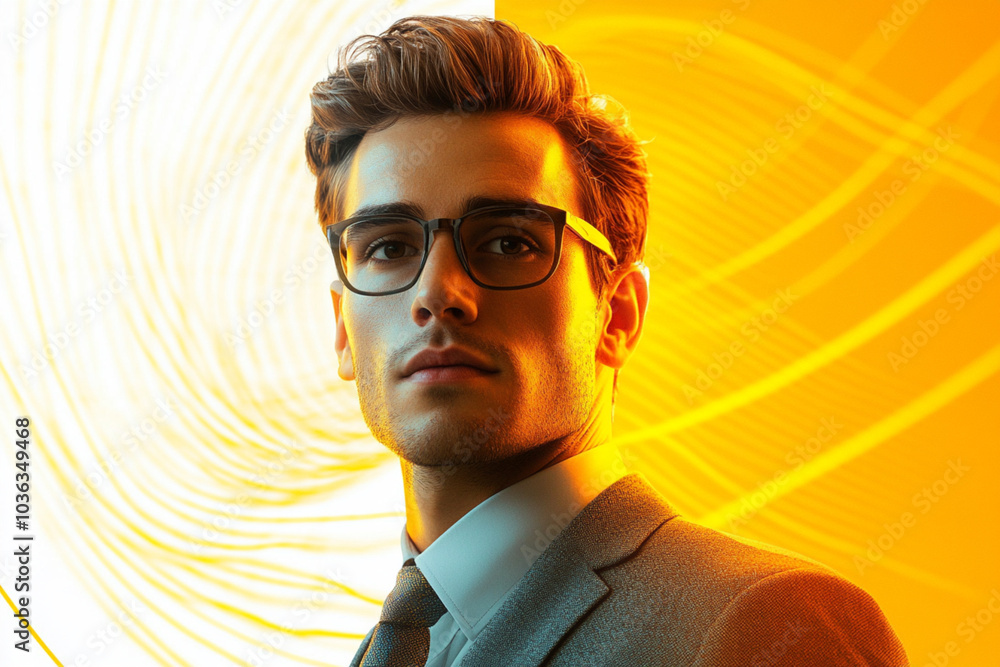 Canvas Prints A man wearing glasses and a suit is standing in front of a yellow background