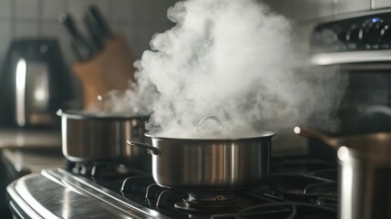 A modern stove top with stainless steel pots simmering, in a minimalist kitchen.