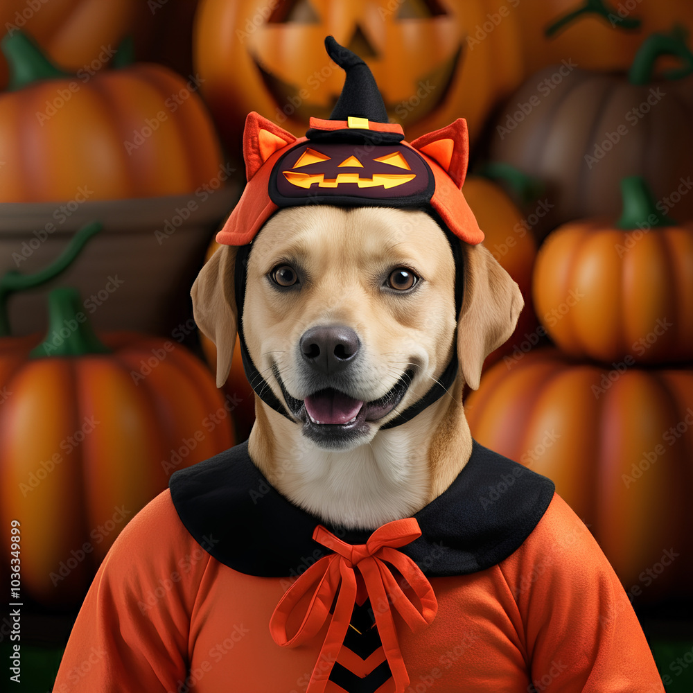 Wall mural a dog dressed in an adorable pumpkin costume, surrounded by festive pumpkins for a halloween celebra