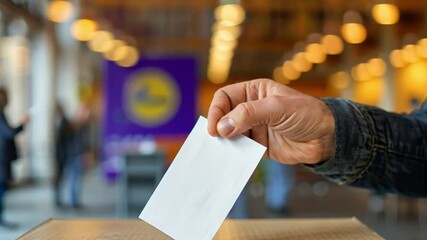 A voter inserts a blank ballot paper into a ballot box at an active polling station filled with people, showcasing civic engagement and democratic participation.