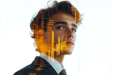 A man in a suit is looking at a computer screen with a lot of numbers and graphs