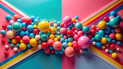 A vibrant cluster of multi-colored spheres cascading across a geometric background of intersecting stripes, creating a playful composition of color and form.