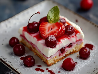 a square piece of cake with a slice of strawberry on top.