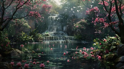 Serene Waterfall and Pond in a Lush Forest