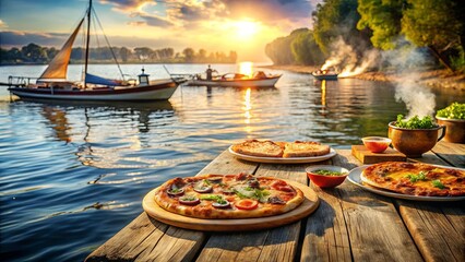 Fototapeta premium A rustic wooden dock overlooking a tranquil lake with boats docked nearby, a golden sunset casting a warm glow, and a freshly baked pizza, invitingly ready for a peaceful evening meal.