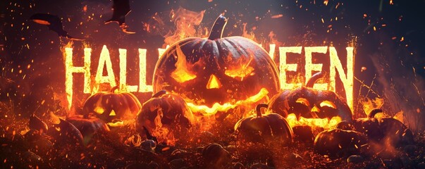 Halloween banner with glowing halloween fire text and spooky scarey pumpkins