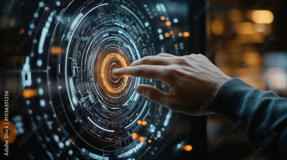 Poster hand touching complex circular diagram on virtual screen with technology abstract background,
