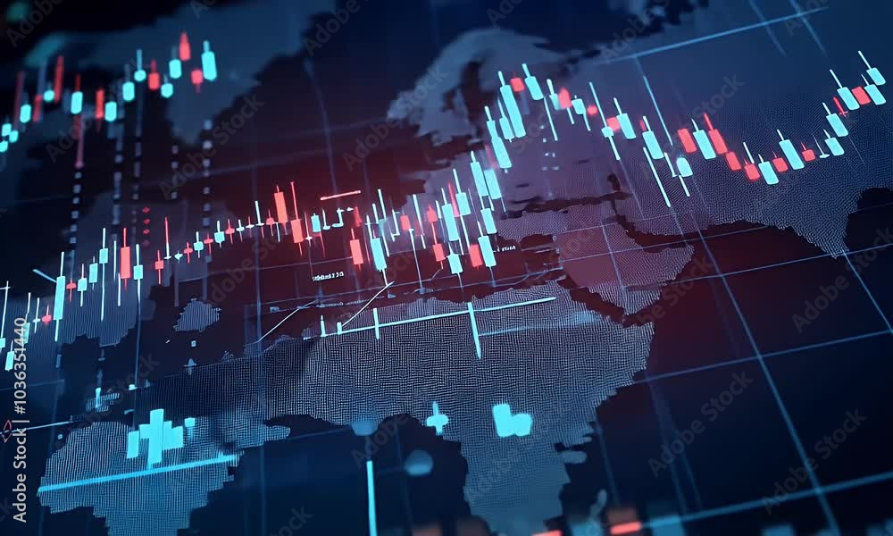 Poster a stock market chart with dynamic lines and glowing data points, set against an abstract background 