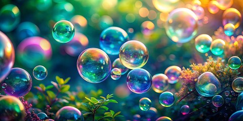 Naklejka premium A symphony of iridescent bubbles, dancing among the verdant foliage, reflecting the soft glow of the setting sun