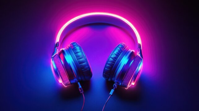 Neon glowing headphones on a dark background with electro house music vibes, AI generated image