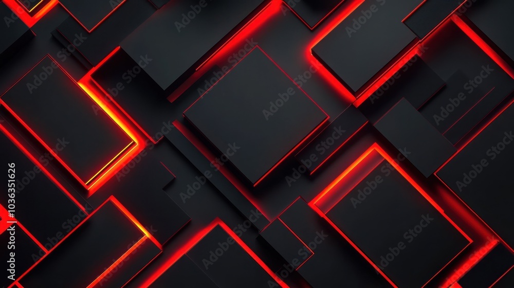 Poster abstract design featuring black shapes with glowing red edges, creating a modern digital aesthetic.