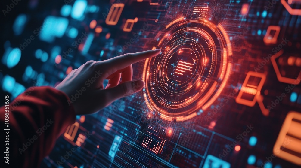 Poster hand touching complex circular diagram on virtual screen with technology abstract background,