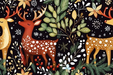 Obraz premium Christmas Reindeer Pattern with Floral Elements