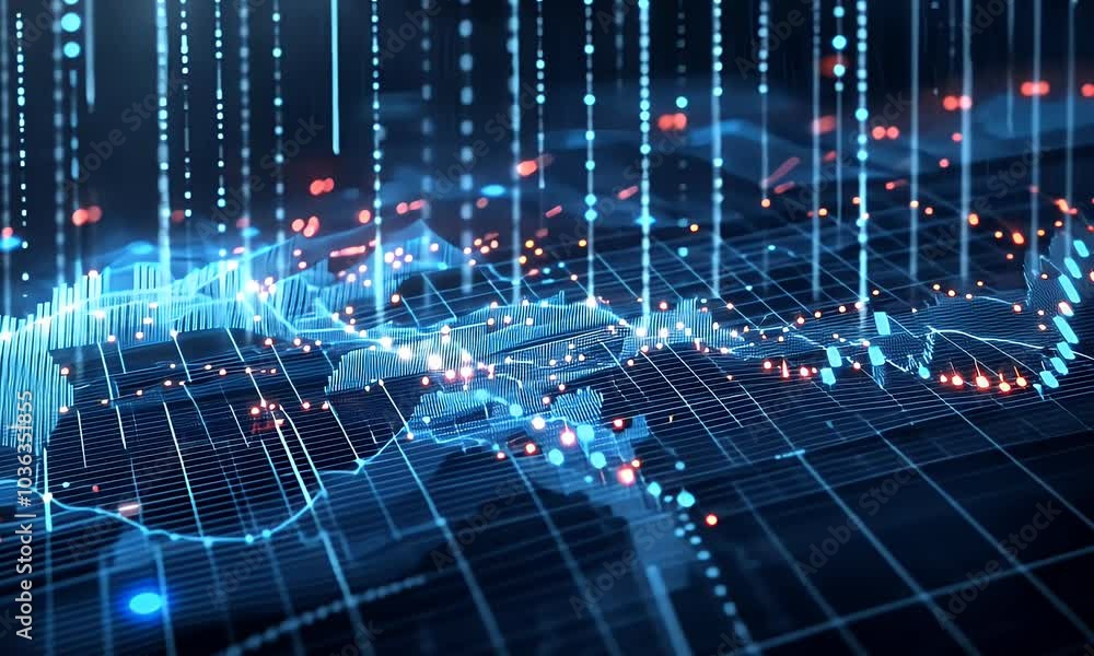 Poster a stock market chart with dynamic lines and glowing data points, set against an abstract background 