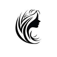 Woman head logo, minimalist and long hair style, vector art illustration, on white background