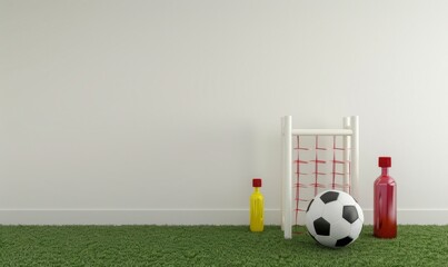 「コピースペースのある白い壁を背景に、緑の芝生の上にサッカーボール、ゴール、飲み物。スポーツ、フィットネス、健康的なライフスタイルのコンセプト」