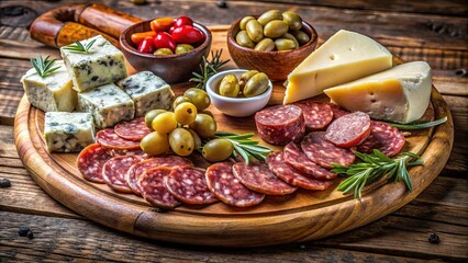 A rustic wooden platter adorned with a symphony of flavors creamy cheese, pungent blue cheese, savory salami, and tangy olives, all artfully arranged amidst a bed of fresh rosemary sprigs.
