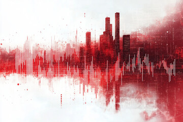 A city skyline with red and white buildings and red lines