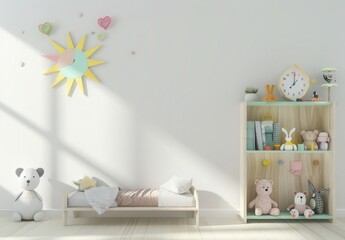 「日当たりの良い壁を背景にしたベッドと本棚のあるかわいい子供部屋のインテリア。赤ちゃん、幼児、幼い子供に最適なスペース」