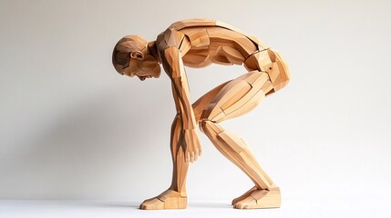 2408 16.A wooden jointed figure bent forward, placing one hand on its lower back as it grimaces in pain. The exaggerated pose highlights discomfort, simulating back or hip pain, with the figure