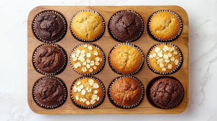 A wooden tray holds a dozen freshly baked muffins, featuring a mix of chocolate and vanilla, some topped with oats for added texture.