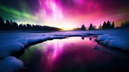Breathtaking aurora borealis over frozen lake