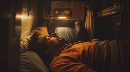 2408 94.A cozy interior shot of a truck driver lying down in the back of his cab, his eyes closed in deep sleep. The small bed and the dim lighting emphasize the tiredness and need for rest after