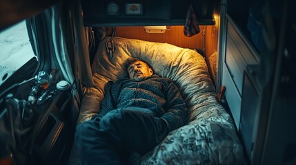 2408 94.A cozy interior shot of a truck driver lying down in the back of his cab, his eyes closed in deep sleep. The small bed and the dim lighting emphasize the tiredness and need for rest after
