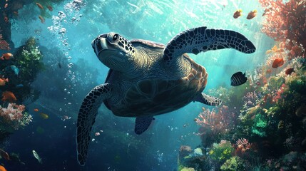 Naklejka premium Sea Turtle Swimming in Coral Reef