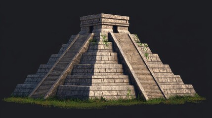 A detailed stone pyramid with staircases, surrounded by grass, showcasing ancient architecture against a dark backdrop.