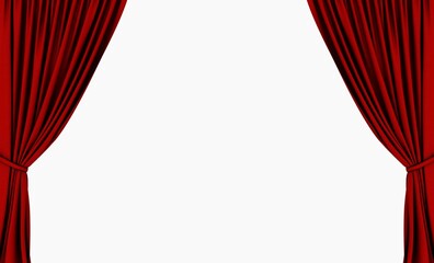 Red curtain on theater or cinema stage slightly open. Red theater curtains on a white background. Isolated white background.
