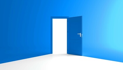 Open the door. Symbol of new career, opportunities, business ventures and initiative. Business concept. 3d render, white light inside open door isolated on blue background. Modern minimal concept.