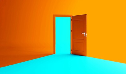 Open the door. Symbol of new career, opportunities, business ventures and initiative. Business concept. 3d render, blue light inside open door isolated on orange background. Modern minimal concept.