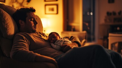 2408 50.A detailed image of a father sitting comfortably in an armchair, gazing at his newborn who is fast asleep. The soft, warm lighting in the room highlights the peaceful connection between the