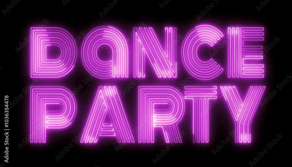 Poster dance party text font with neon light. luminous and shimmering haze inside the letters of the text d