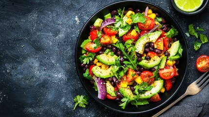 A vibrant, colorful salad featuring avocado, tomatoes, black beans, corn, and fresh herbs, served in a dark bowl with a lime wedge.
