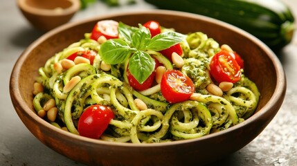 A vibrant bowl of zucchini noodles topped with pesto, cherry tomatoes, pine nuts, and fresh basil, showcasing a healthy and colorful meal option.