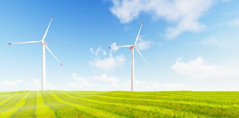 Fototapeta premium Windmill park. Offshore wind turbines farm on the ocean. Sustainable energy production. Green Energy, clean power, clean energy concept.