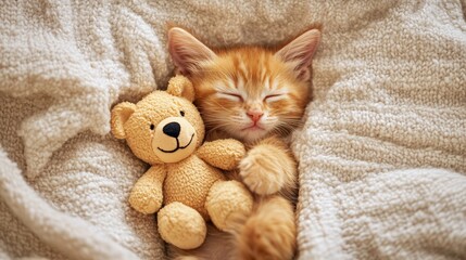 2408 39.A close-up of a ginger kitten hugging a teddy bear while sleeping on a soft, comfortable blanket. Its body is relaxed, and the soft folds of the blanket wrap around the kitten, emphasizing