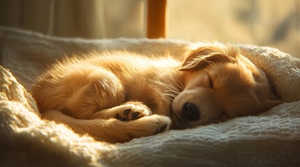 2408 71.A close-up image of a golden retriever puppy curled up on a soft blanket, peacefully asleep in the corner of a sunlit room. The puppy&acirc;&euro;&trade;s tiny paws are tucked under its body, with gentle rays
