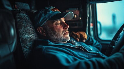 2408 93.A peaceful moment of a truck driver sleeping soundly in the sleeper compartment of his truck after a long journey. The cabin is dark and quiet, with the driverâ€™s face relaxed in exhaustion,