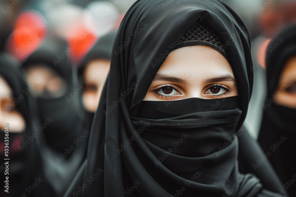 Wall mural crowd of young women in traditional muslim hijab portrait close-up with their faces covered on a cit