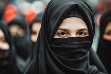 Naklejka premium Crowd of young women in traditional Muslim hijab portrait close-up with their faces covered on a city street among a crowd of people protesting on the street, black hijab shawl
