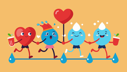 Fototapeta premium Sweat drips and hearts race as a supportive community pushes each other to reach their fitness goals.. Vector illustration